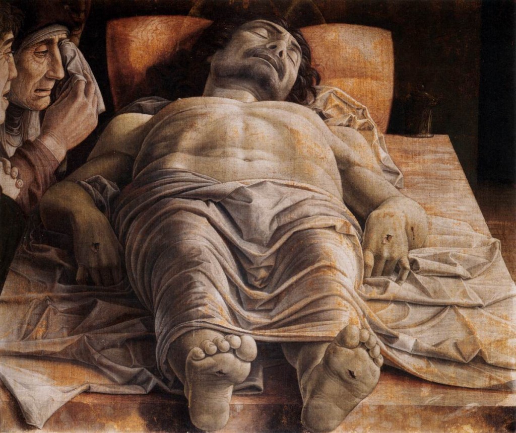 Painting of foreshortened body of Christ.