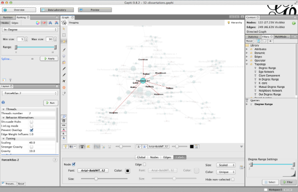 Figure 11: Turn on labels (at the bottom of the screen) and click nodes to see which nodes connect to which. Use the hand tool to drag individual nodes around for increased legibility.