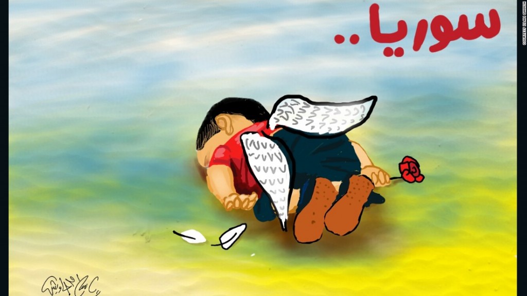 An example of a version of the Aylan image showing Aylan as an angel. 