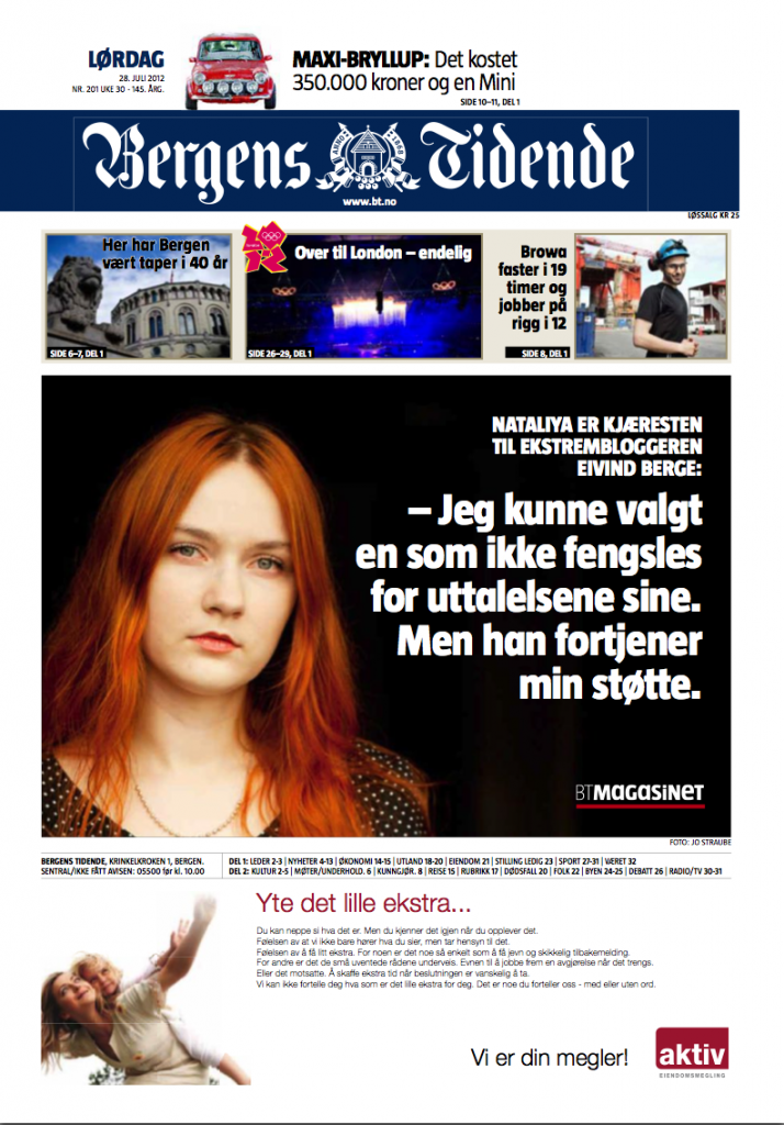 Kjæresten til Eivind Berge på forsiden til Bergens Tidende 28.07.2012