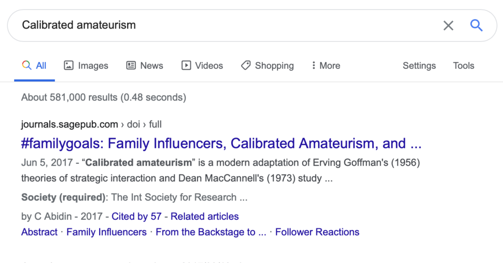 Screenshot of google search for "calibrated amateurism" showing Abidin's as first hit, but no featured snippet