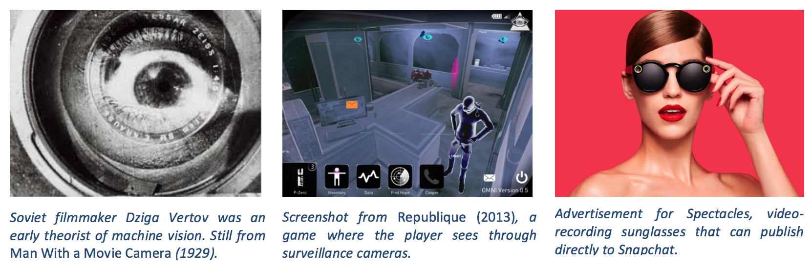 Three images showing examples of machine vision: Vertov's kinoeye, a game that simulates surveillance, Spectacles for Snapchat.