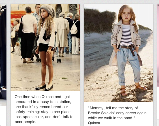 A snippet of the Pinterest board telling the story of little "Quinoa" in a series of fashion photos of children.