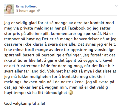 Erna Solberg begs for our understanding: she really appreciates our messages but can't answer them before the election.
