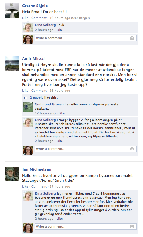 Questions on Erna Solberg's Facebook wall. The snapshot was taken on August 5, 12pm.