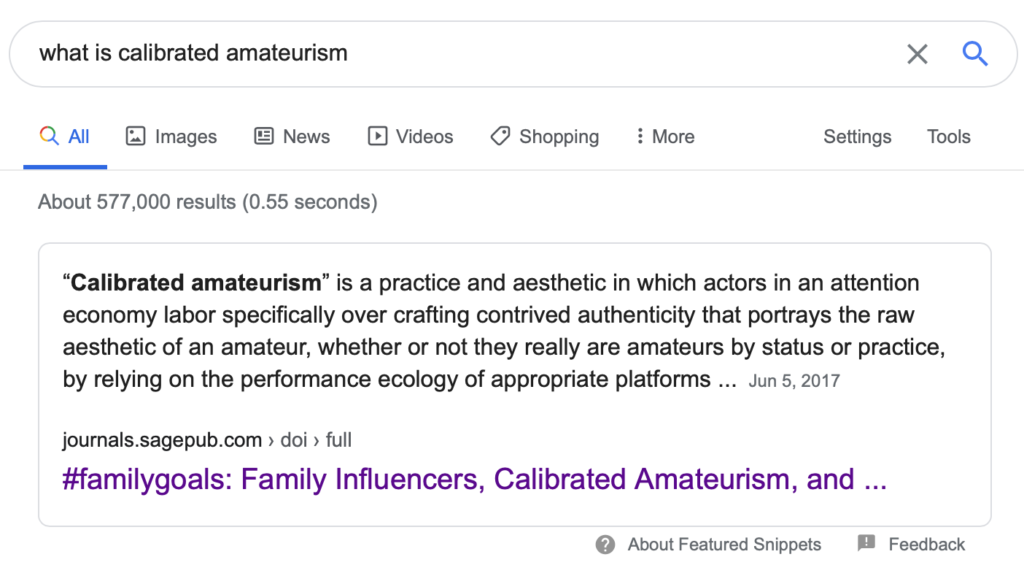 screenshot of google search for "What is calibrated amateurism" showing a featured snippet.