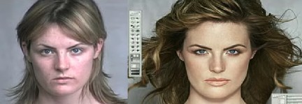 Screenshot from video showing transformation from ordinary un-madeup woman to billboard beauty