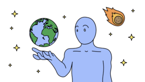 Drawing of a large blue person holding the Earth in its hand with comet and stars in background.